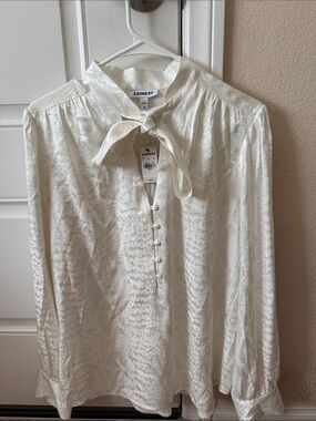 Express Ivory Satin Tie-Neck Blouse with Covered Buttons